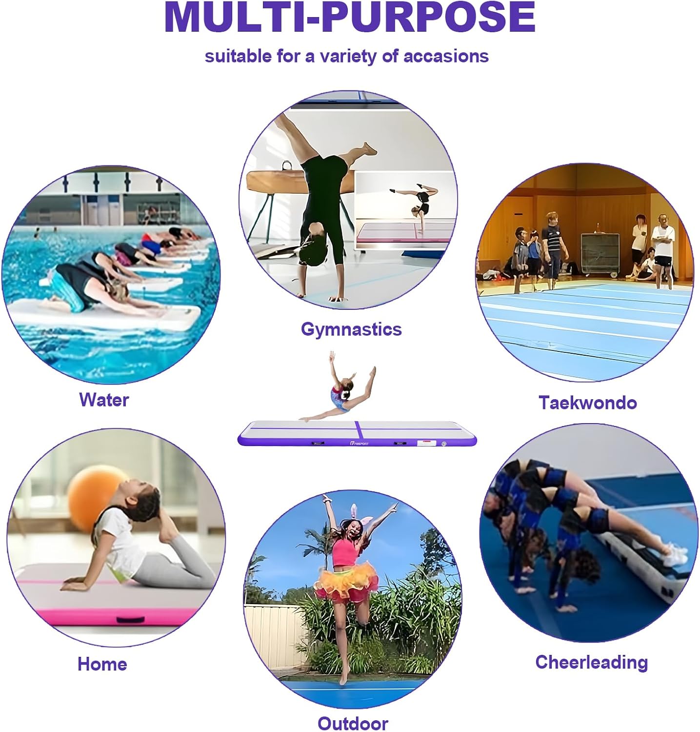 FBSPORT Inflatable Air Gymnastics Mat Training Mats 4/8 inches Thickness Gymnastics Tracks for Home Use/Training/Cheerleading/Yoga/Water with Pump