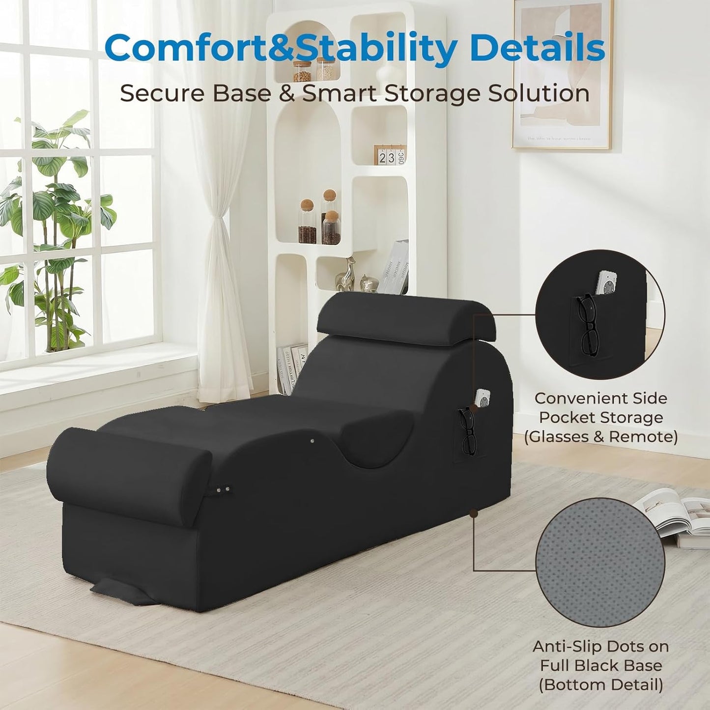 Mjkone Velvet Yoga Chair, Yoga Chaise Lounge Chair Indoor with Side Pockets, Headrest, Waist Cushion, Movable Footrest, Curved Sofa Chair for Relaxation Stretching for Bedroom, Black