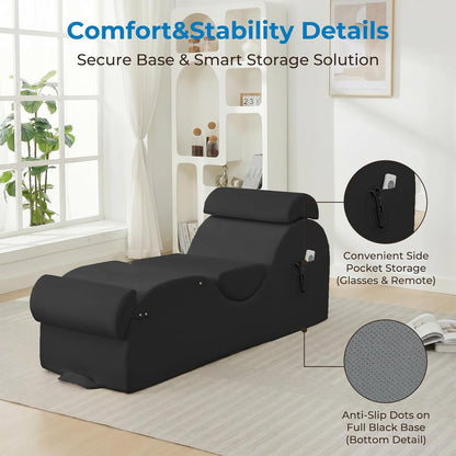 Mjkone Velvet Yoga Chair, Yoga Chaise Lounge Chair Indoor with Side Pockets, Headrest, Waist Cushion, Movable Footrest, Curved Sofa Chair for Relaxation Stretching for Bedroom, Black