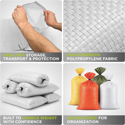 Heavy Duty Sand Bags Pack of 3, White Empty Sandbags with Built-In Ties, Woven Polypropylene UV Protection 1600 Hours, Fillable Sand Bags for Flood Control, Weight, 10x14 inches, 15 Pounds Volume