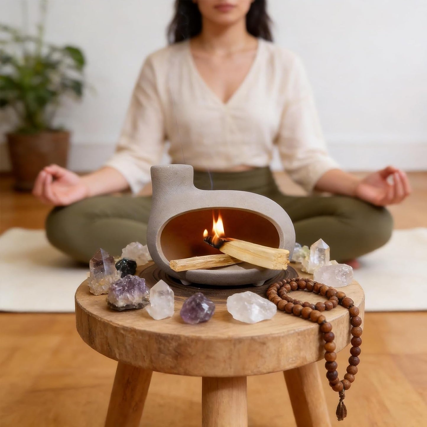 MOUGIGI Terracotta Palo Santo Holder - Modern Chiminea Incense Burner for Yoga, Meditation, and Energy Cleansing - Wood Sticks Dish, Sage Ash Catcher, Smudge Bowl, Cone Burner - Unique Meditation Gift