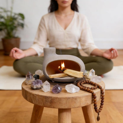 MOUGIGI Terracotta Palo Santo Holder - Modern Chiminea Incense Burner for Yoga, Meditation, and Energy Cleansing - Wood Sticks Dish, Sage Ash Catcher, Smudge Bowl, Cone Burner - Unique Meditation Gift