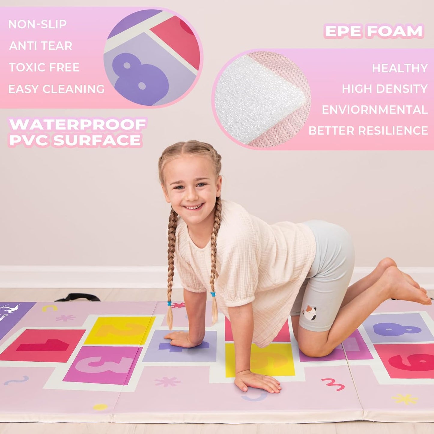 Kangaroo Hoppers Gymnastics Tumbling Mats for Kids, Foldable Gym Mat with Carrying Handles for Home Activity Play