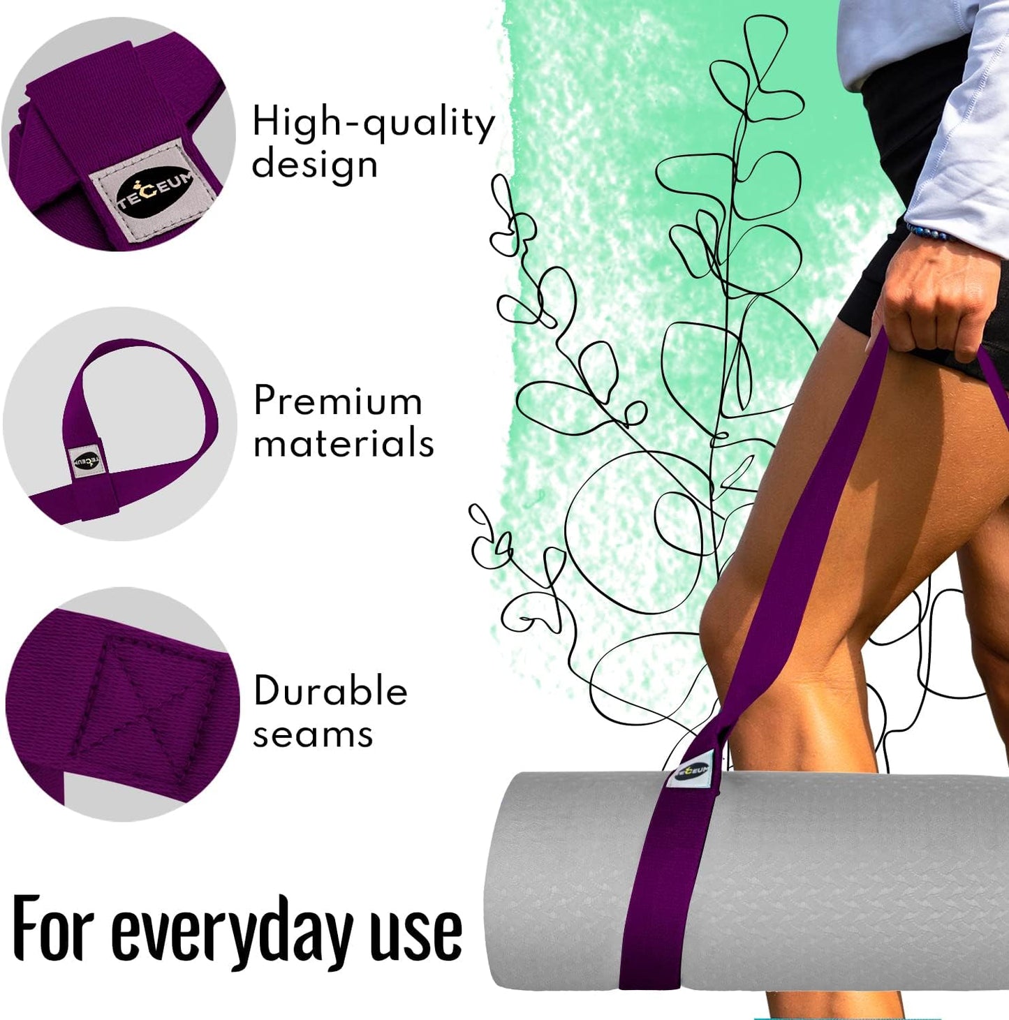 TECEUM Yoga Mat Strap – 30+ Colors – Adjustable Mat Holder Sling Carrier for All Mats [Mat Not Included]