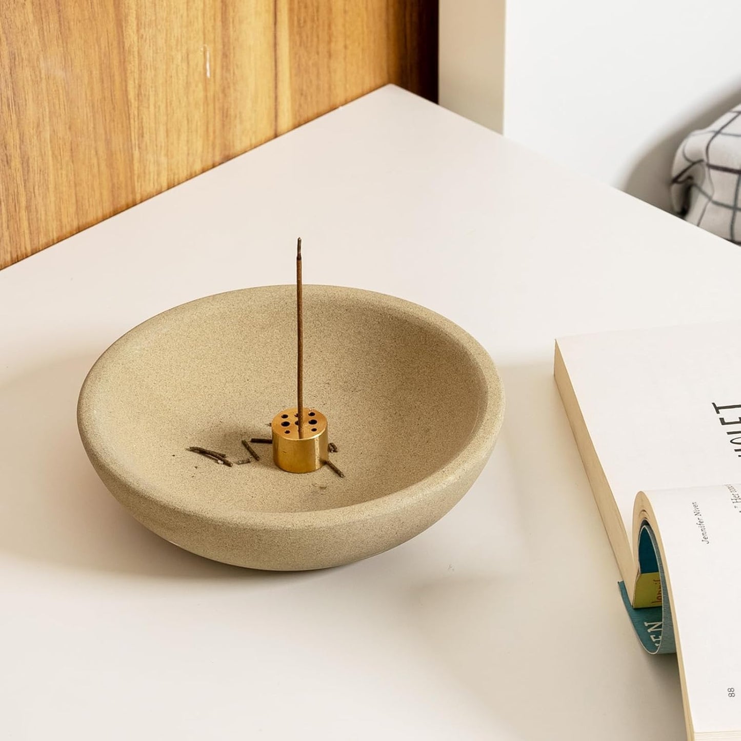 Koville Natural Marble Incense Holder, Incense Holder for Sticks with 9 Holes, Handmade Incense Burner Ash Catcher for Meditation Yoga SPA, Balsam Fir/Palo Santo/Sage/Cone (RoyalBeige)