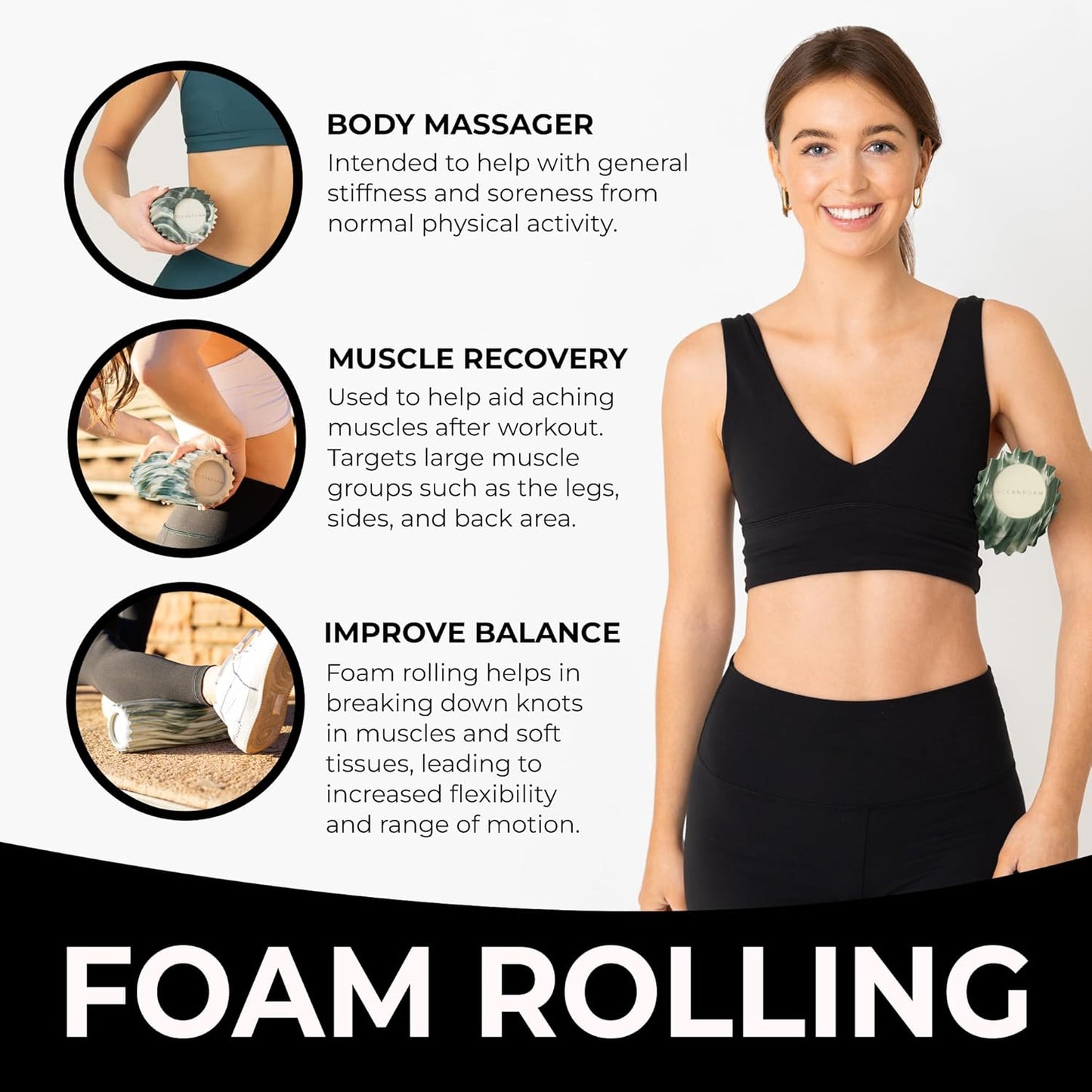 Oceanfoam Ripple Travel Foam Roller (11" x 3.35") Firm Mini Foam Roller for Physical Therapy, Deep Tissue Massage, Back Pain - High Density, Ergonomic Wave Textured - Yoga, Pilates, Exercise (Natural) - Colors A