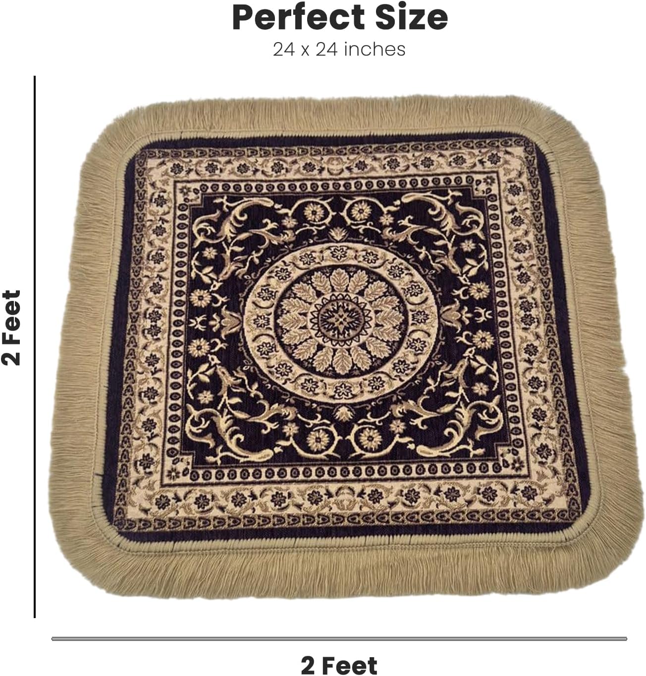 Soft Chenille Prayer Mat | Traditional Mandala Floral Pooja Aasan with Golden Fringes | Multipurpose Square Rug for Meditation, Yoga, Puja Room & Home (Red, 2x2 Feet)
