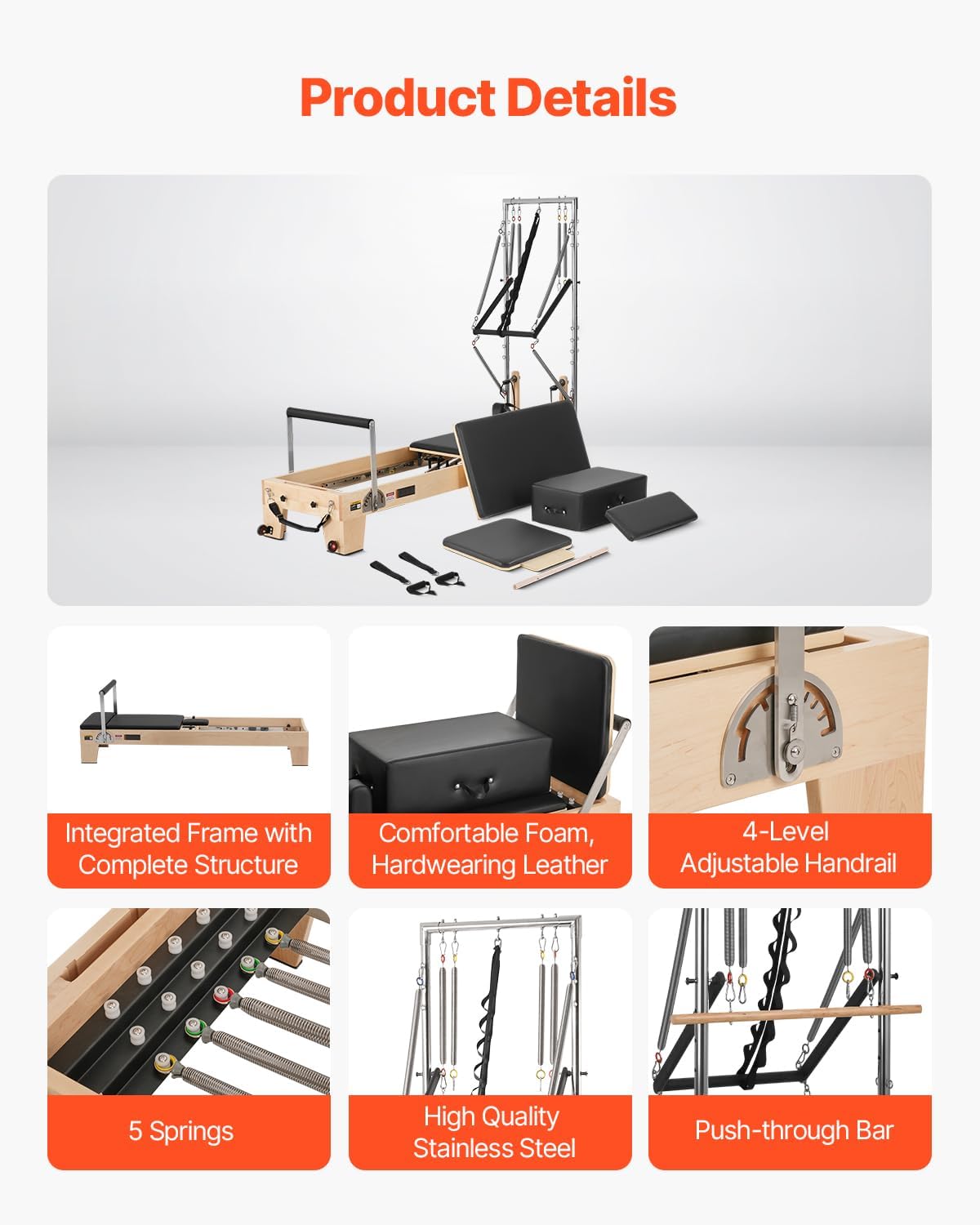 VEVOR Pilates Reformer, Reformer Pilates Machine with Cadillac Trapeze Table or Tower & Mat, Pilates Equipment for Home Workout and Studio, Includes Jump Board，Sitting Box