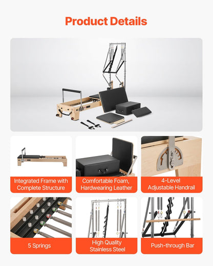 VEVOR Pilates Reformer, Reformer Pilates Machine with Cadillac Trapeze Table or Tower & Mat, Pilates Equipment for Home Workout and Studio, Includes Jump Board，Sitting Box