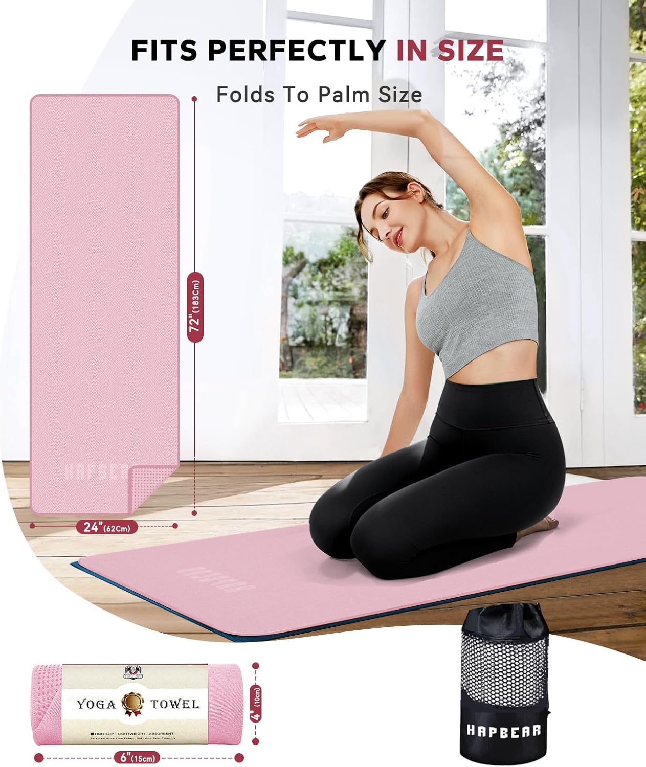 HAPBEAR Hot Yoga Towel with Non-Slip Grip Dots, Super-Absorbent Microfiber Yoga Mat Towel for Sweaty Bikram, Pilates and Studio Workouts - Grey