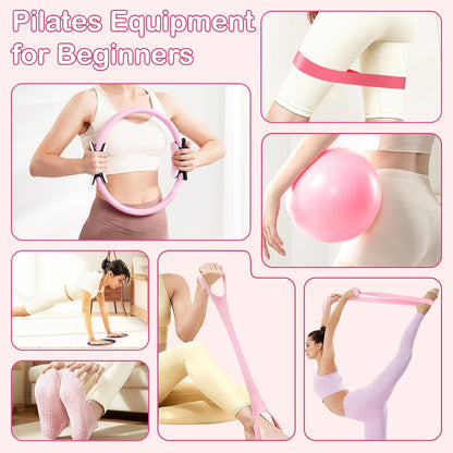 Hoedia 17 PCS Pilates Kit for Women, Pilates Equipment Ring and Ball Set with Resistance Bands, Yoga Strap, Core Sliders, Socks, Bag & Guide for Starter Home Workout Fitness Gym Essentials