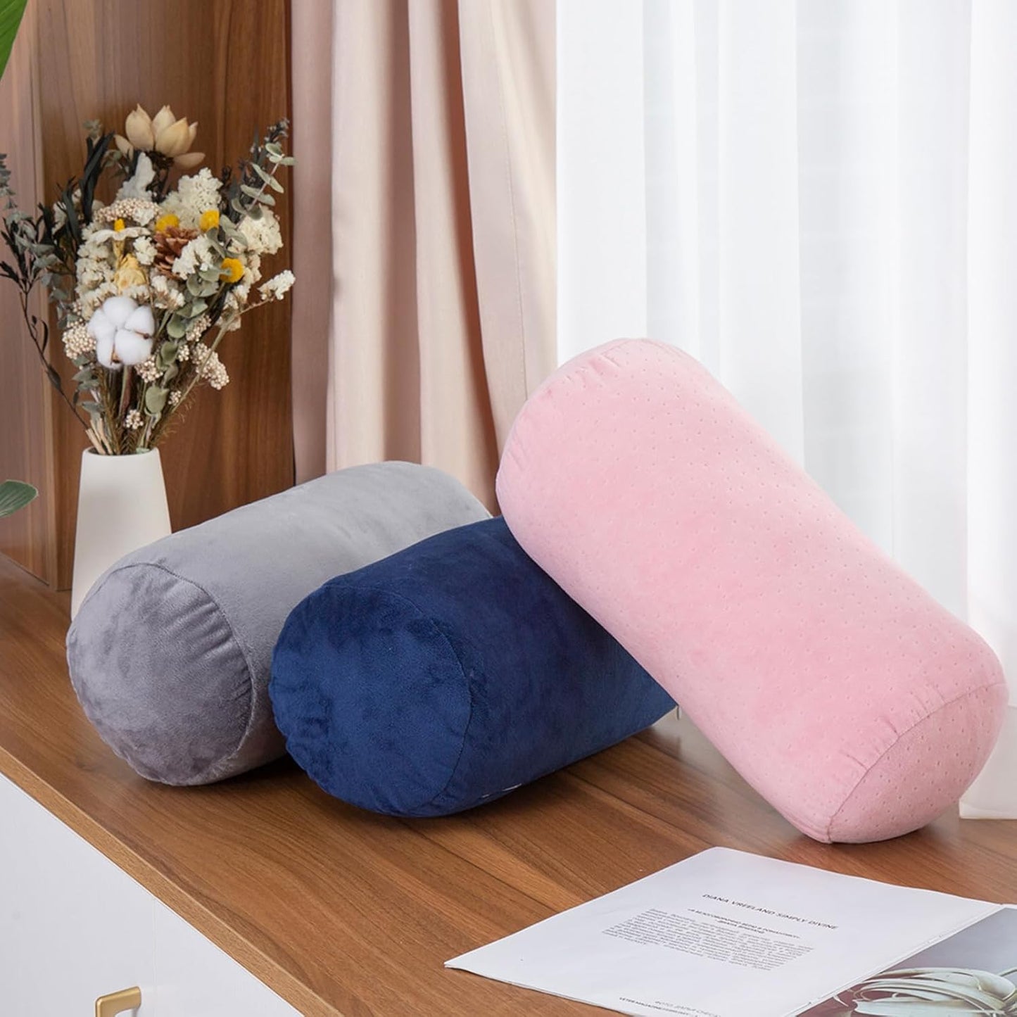 1 MIDDLE ONE Round Cylinder Bolster Pillow with Removable Velvet Cover, Tube Roll Cervical Pillow for Head, Neck, Back and Legs Support, 13" x 6", Grey