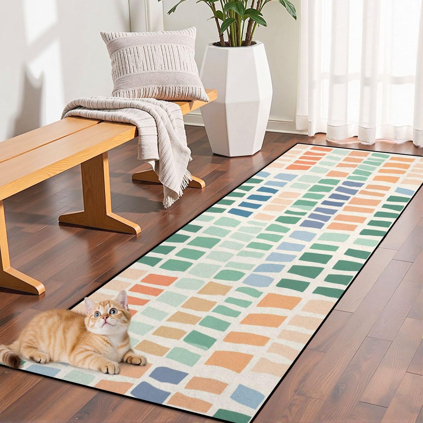 Runner Rug Washable 2x6 White Navy Blue Green Tartan Plaid Scottish Texture from Tartan Plaid Non-Slip Hallway Area Rug Indoor Outdoor Home Decor for Entryway Bathroom Kitchen Carpet Yoga Floor Mat