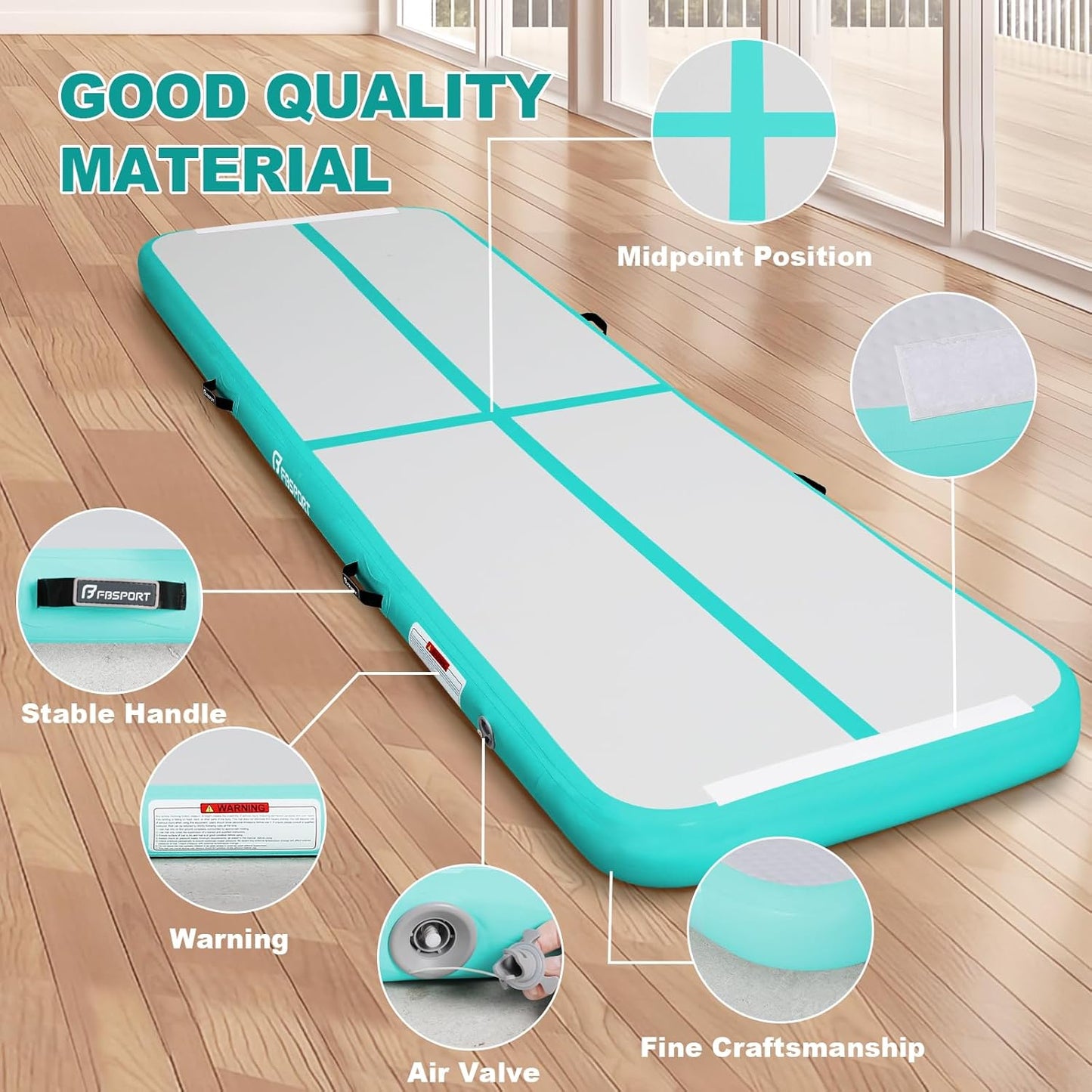 FBSPORT Inflatable Air Gymnastics Mat Training Mats 4/8 inches Thickness Gymnastics Tracks for Home Use/Training/Cheerleading/Yoga/Water with Pump