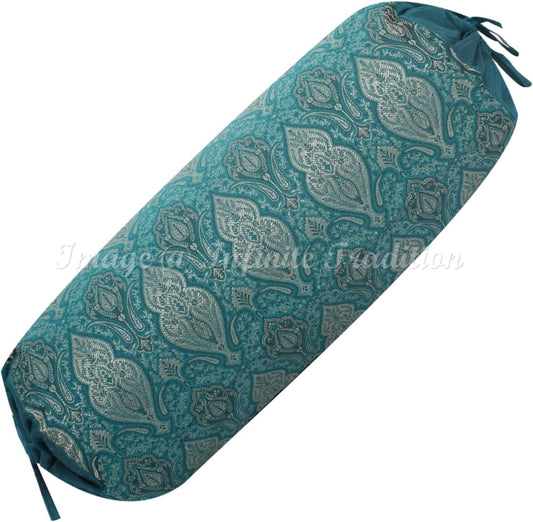 Indian Jacquard Brocade Poly Dupion Silk Bolster Tube Pillow Cover Cylindrical Dark Green Yoga Large Couch Round Cushion Cover Home Decor Damask Throw Cushion Cover 30x15 inch (76x38cm) - 1 Pc.