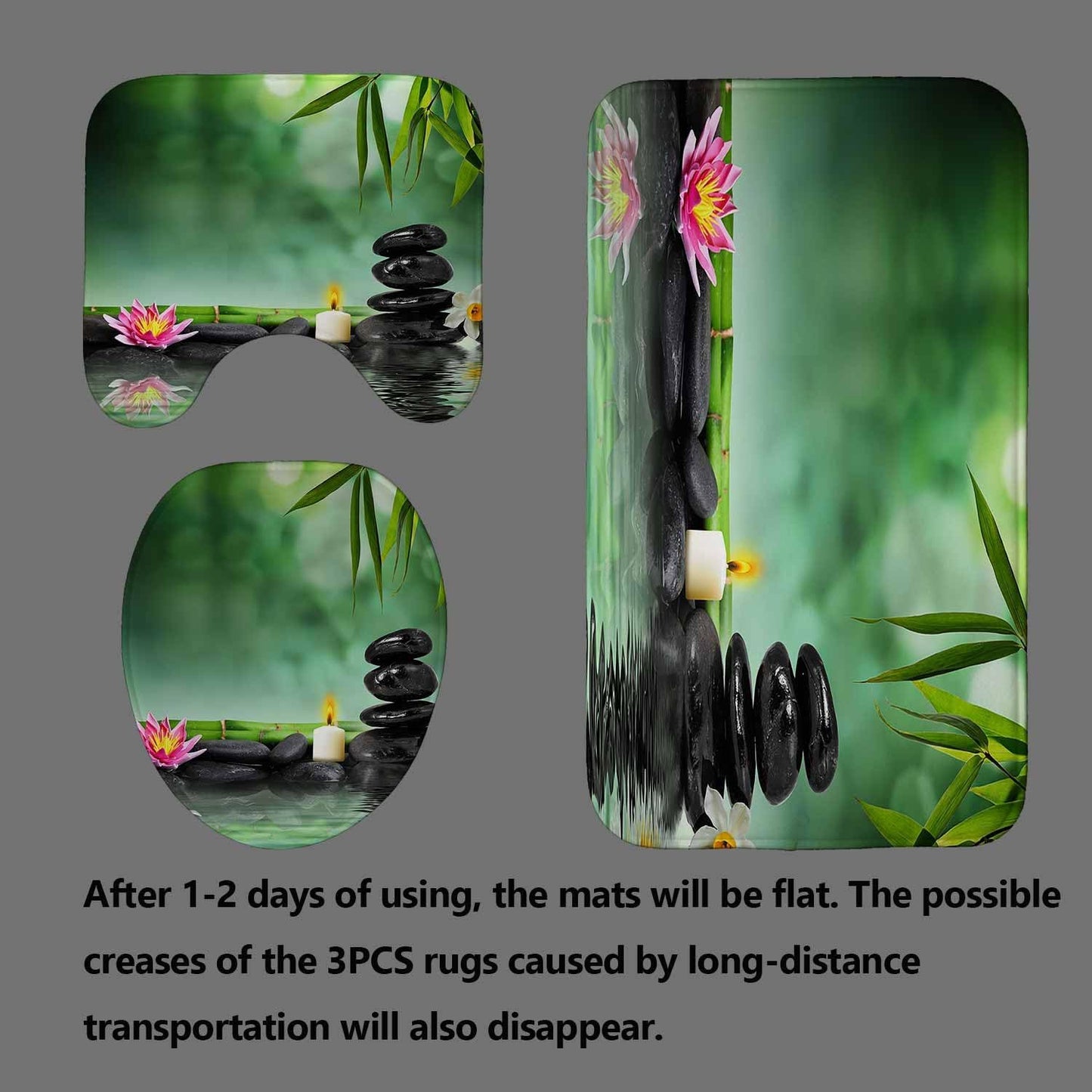 4PCS Spa Zen Shower Curtain Sets with Rugs, White Shower Curtain, Pink Floral Orchid Lotus Water Lily Stone Bamboo Water Reflection Yoga Massage Relaxing Spiritual Meditation Bathroom Decor