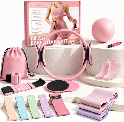 kornsurte Pilates Equipment Kit for Home Workout, 14.5'' Pilates Ring and Ball Set, Resistance Bands, Ankle Weights, Pilates Essentials Starter Set for Beginners Toning Strength