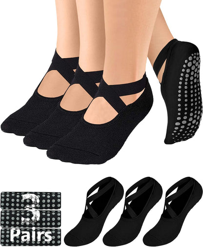 AURUZA Pilates Grip Socks for Women Non Slip Skid Yoga Socks with Grips Straps for Ballet Dance Workout Gripper Sock