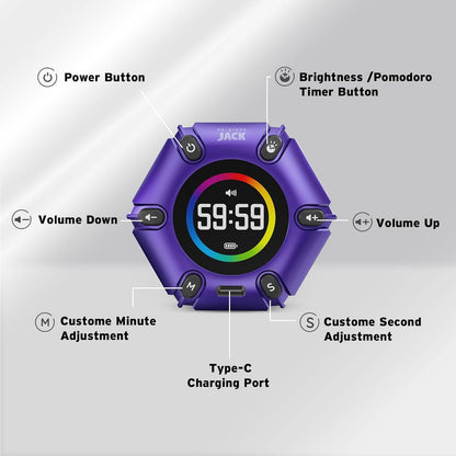 Jack Pomodoro Timer - Productivity Cube, Visual Focus Timer, Mute & Vibration & Adjustable Sound Alert, for Office, ADHD, Study, Work, 3/5/10/25/30/60min & Custom Countdown - Black