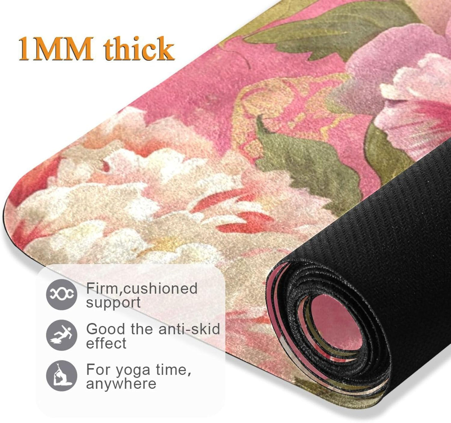 Peony Chinoiserie Flower Pink printed yoga mat thin For hot yoga, natural rubber non slip, with yoga bag for mat tapete para ejercicio 71x26 inches