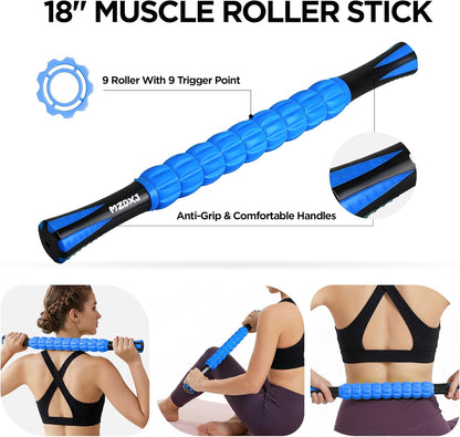 Muscle Roller Massage Roller Stick- Deep Tissue Fascia Blaster for Myofascial Pain Relief, Lymphatic Drainage & Body Sculpting, Handheld Physical Therapy & Recovery Tool (Gray black-18 inch)