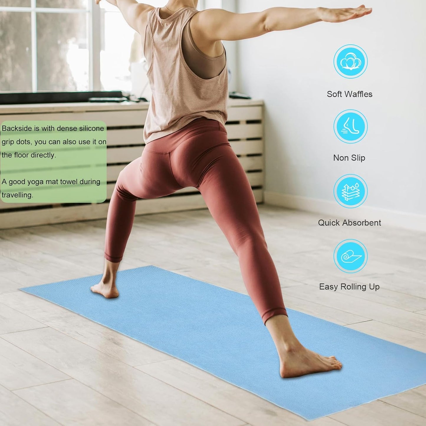 Yoga Mat Towel Non Slip for Hot Yoga, with a Sweat Towel, Anti-Slip Silicone Grip Dot, Waffle Fiber 400GSM,72'' x 25'' Mat Size,Grippy Yoga Mat Towel, Soft Absorbent for Hot Exercise,Bikram,Pilates