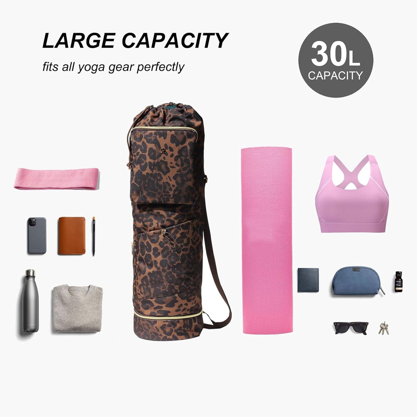 ESVAN Yoga Mat Bag with Multi Pockets Drawstring Yoga Mat Carrier Pilates Exercise Multi-Functional Storage Bag