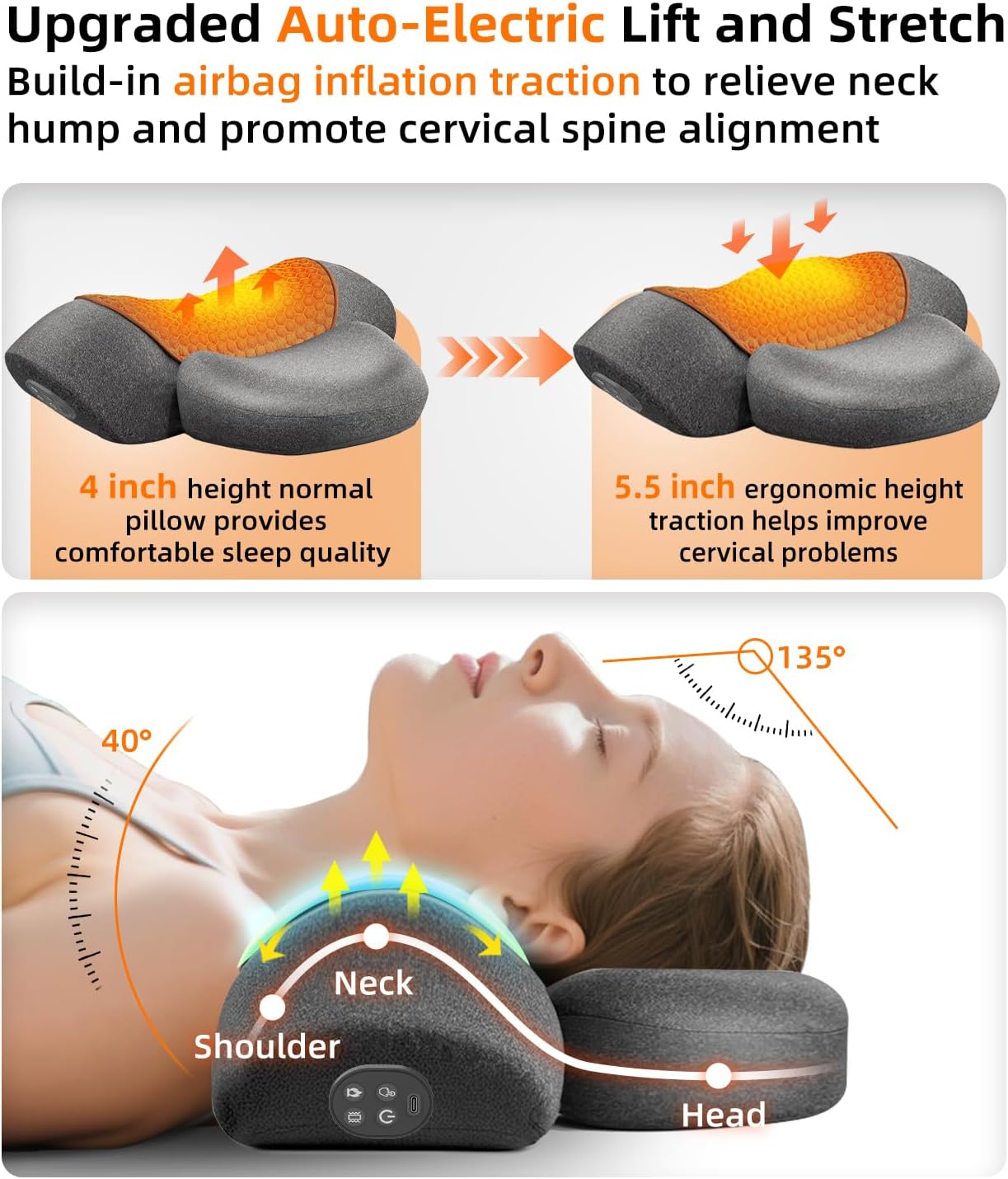 Upalled Cordless Heated Neck Massager Pillow for Pain Relief Deep Tissue, 3-in-1 Rechargeable Neck Cervical Traction Device with Heat, Massage, Electric Stretch, Ergonomic Neck Shoulder Relaxer, Grey
