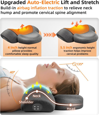 Upalled Cordless Heated Neck Massager Pillow for Pain Relief Deep Tissue, 3-in-1 Rechargeable Neck Cervical Traction Device with Heat, Massage, Electric Stretch, Ergonomic Neck Shoulder Relaxer, Grey