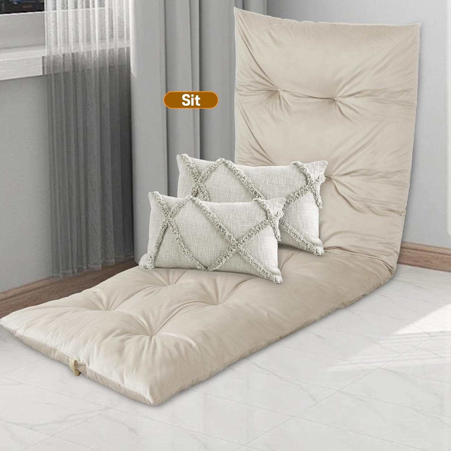 BALAPET Floor Lounger Pillow,Foldable Light Thick Tufted Floor Pillow Cushion with Elasticized Webbing for Easy Storage Floor Lounger for Meditation, Playing, Yoga, Reading, Sleeping(Beige White)