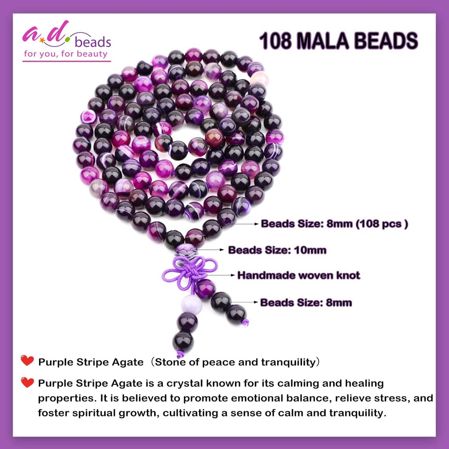 AD Beads 6mm 8mm 108 Prayer Mala Jasper Elastic Bracelet - Handmade Yoga Meditation Healing Power Energy Gifts for Unisex Adult.