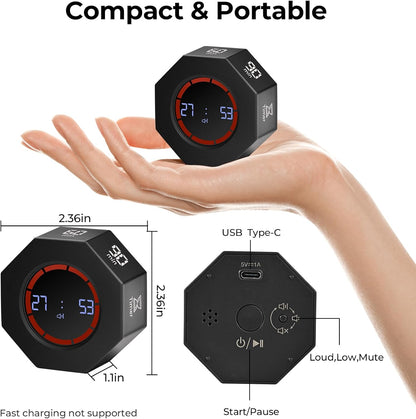 Small Rechargeable Pomodoro Timer, Gravity Sensor Auto-Rotating 7 Preset Times (1/3/5/15/30/60/90 min) & Count Up Mode, Digital Kitchen Timers for Cooking, Work and Study (Pearl White)