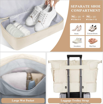 ETRONIK Gym Bag for Women, Personal Item Travel Bag with Shoes Compartment, Weekender Overnight Duffel Bag with Wet Pocket, Carry On Bag for Women, Travel, Gym, Weekend (Beige)