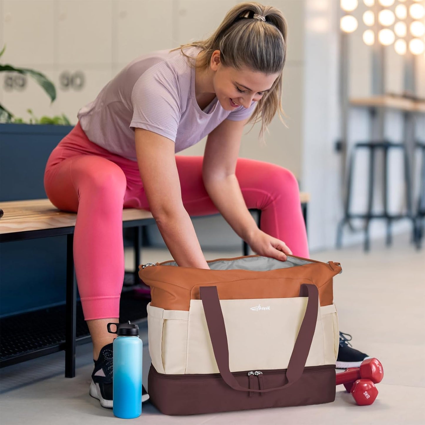 ETRONIK Gym Bag for Women, Personal Item Travel Bag with Shoes Compartment, Weekender Overnight Duffel Bag with Wet Pocket, Carry On Bag for Women, Travel, Gym, Weekend (Beige)