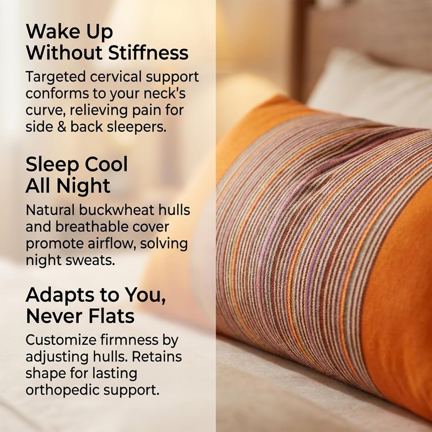 Adjustable Buckwheat Hull Pillow for Neck Pain Relief (21x8x4in) Natural Cooling Cervical Support Organic Pillow for Side & Back Sleepers with Night Sweats (Grey)