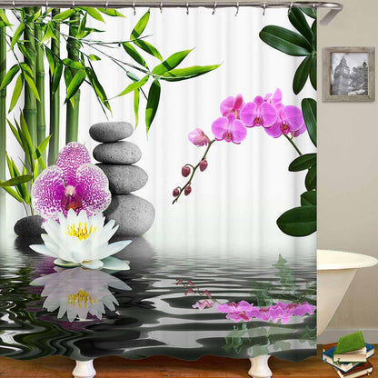 4PCS Spa Zen Shower Curtain Sets with Rugs, White Shower Curtain, Pink Floral Orchid Lotus Water Lily Stone Bamboo Water Reflection Yoga Massage Relaxing Spiritual Meditation Bathroom Decor