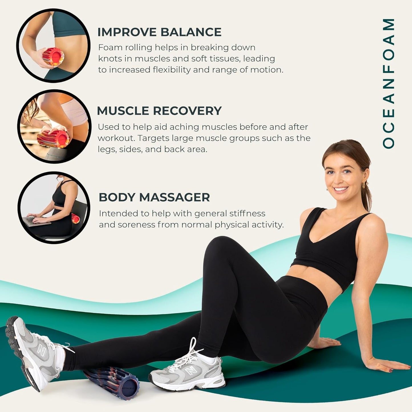 Oceanfoam Ripple Travel Foam Roller (11" x 3.35") Firm Mini Foam Roller for Physical Therapy, Deep Tissue Massage, Back Pain - High Density, Ergonomic Wave Textured - Yoga, Pilates, Exercise (Natural) - Colors A