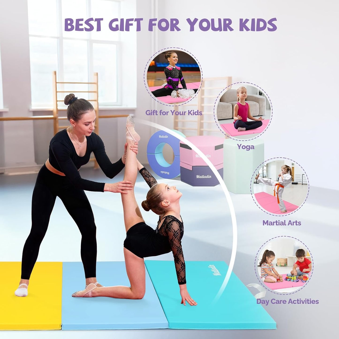 Matladin 8 FT/6FT Folding Gymnastics Gym Exercise Aerobics Mat, PU Leather Tumbling Mats for Stretching Yoga Cheerleading Martial Arts, Play