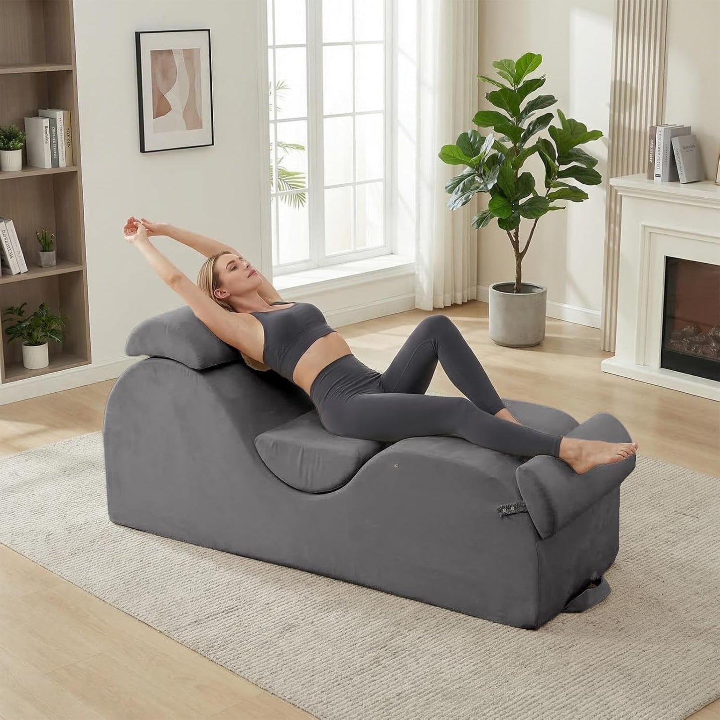 Mjkone Velvet Yoga Chair, Yoga Chaise Lounge Chair Indoor with Side Pockets, Headrest, Waist Cushion, Movable Footrest, Curved Sofa Chair for Relaxation Stretching for Bedroom, Black