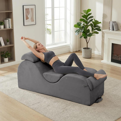 Mjkone Velvet Yoga Chair, Yoga Chaise Lounge Chair Indoor with Side Pockets, Headrest, Waist Cushion, Movable Footrest, Curved Sofa Chair for Relaxation Stretching for Bedroom, Black