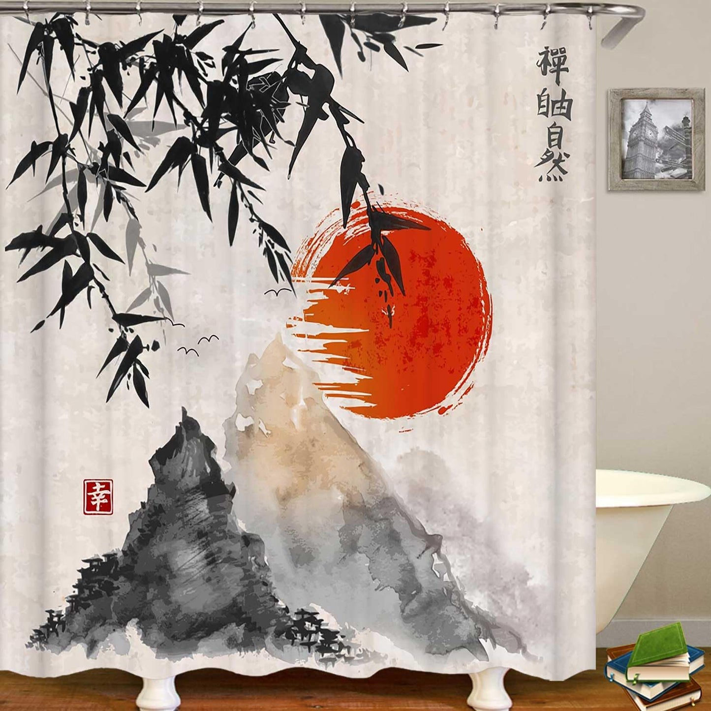 4PCS Spa Zen Shower Curtain Sets with Rugs, White Shower Curtain, Pink Floral Orchid Lotus Water Lily Stone Bamboo Water Reflection Yoga Massage Relaxing Spiritual Meditation Bathroom Decor