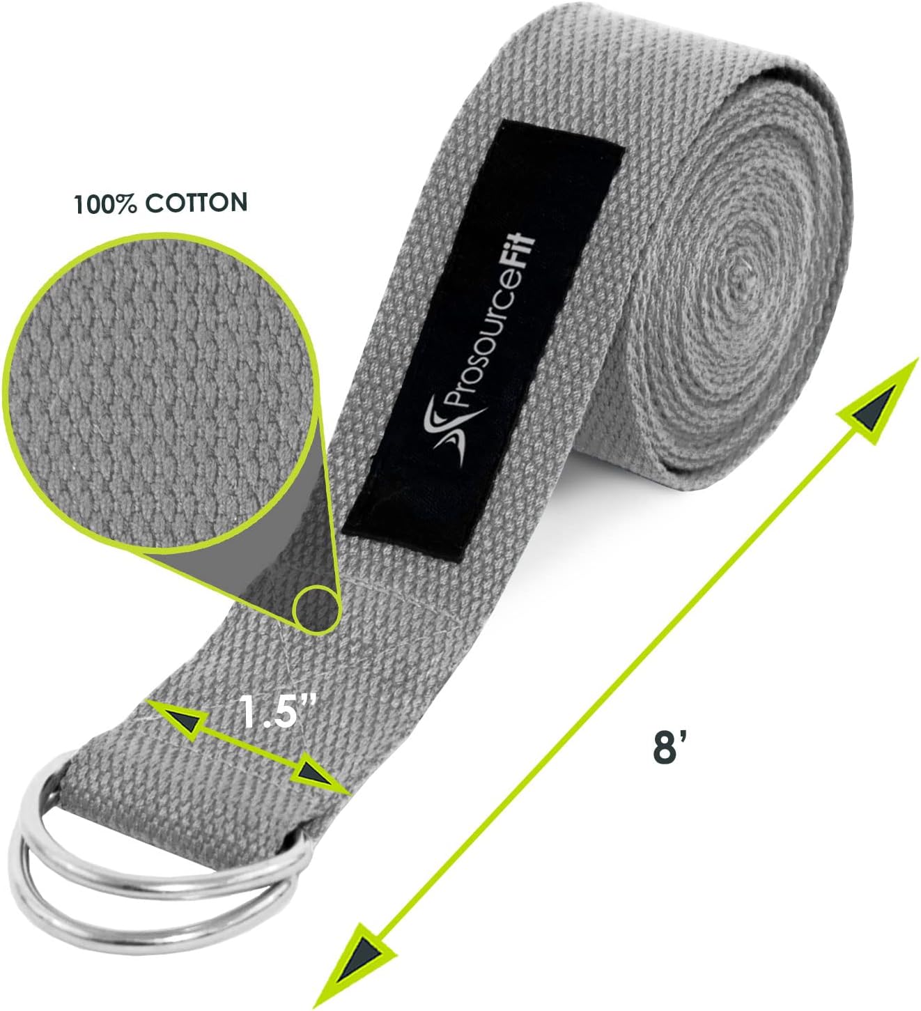 ProsourceFit Metal D-Ring Yoga Strap 8’ Durable Cotton for Stretching and Flexibility