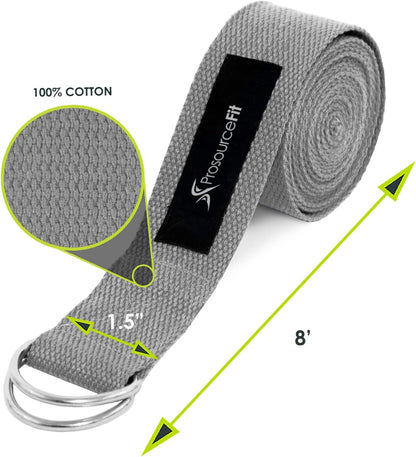 ProsourceFit Metal D-Ring Yoga Strap 8’ Durable Cotton for Stretching and Flexibility