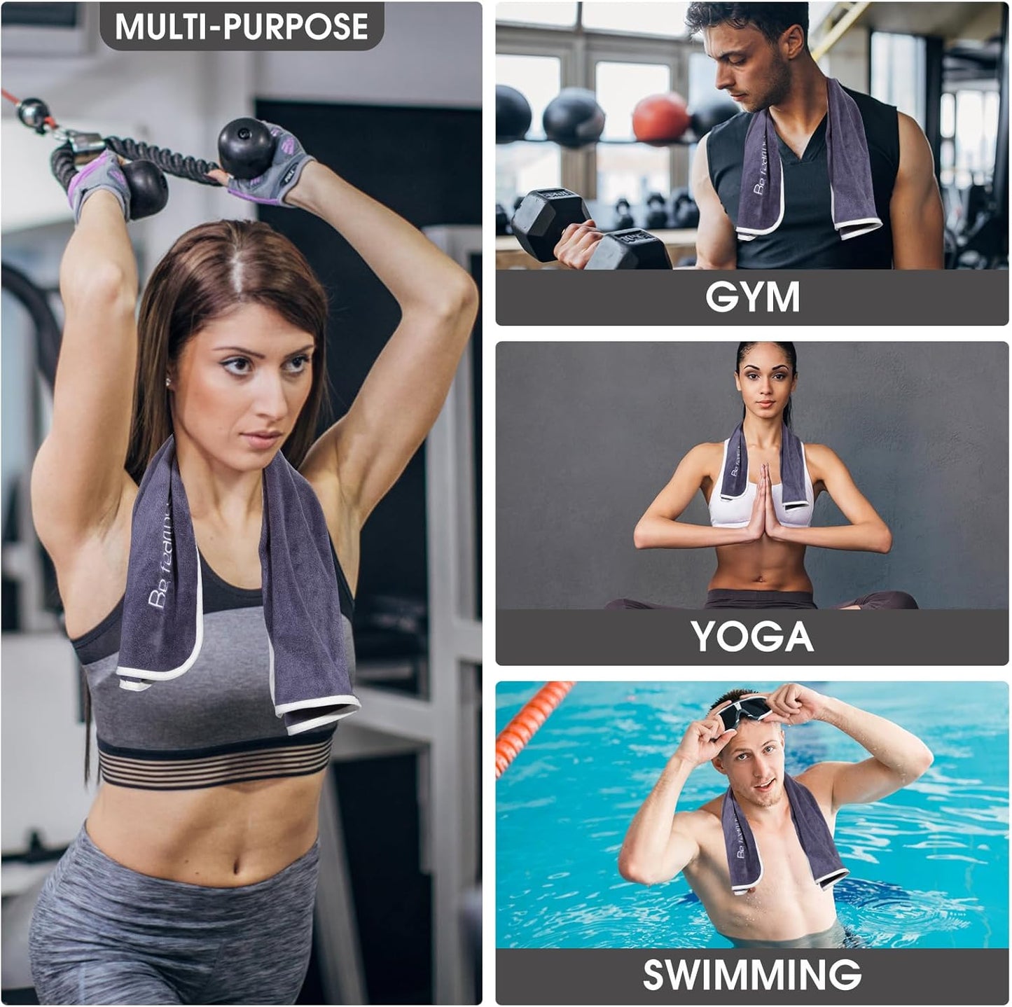 Microfiber Gym Towel Set for Men Women, Super Soft and Quick-Drying Towels for Fitness, Yoga, Cycling, Swimming (Blue+Grey+Purple, 3 Pack)