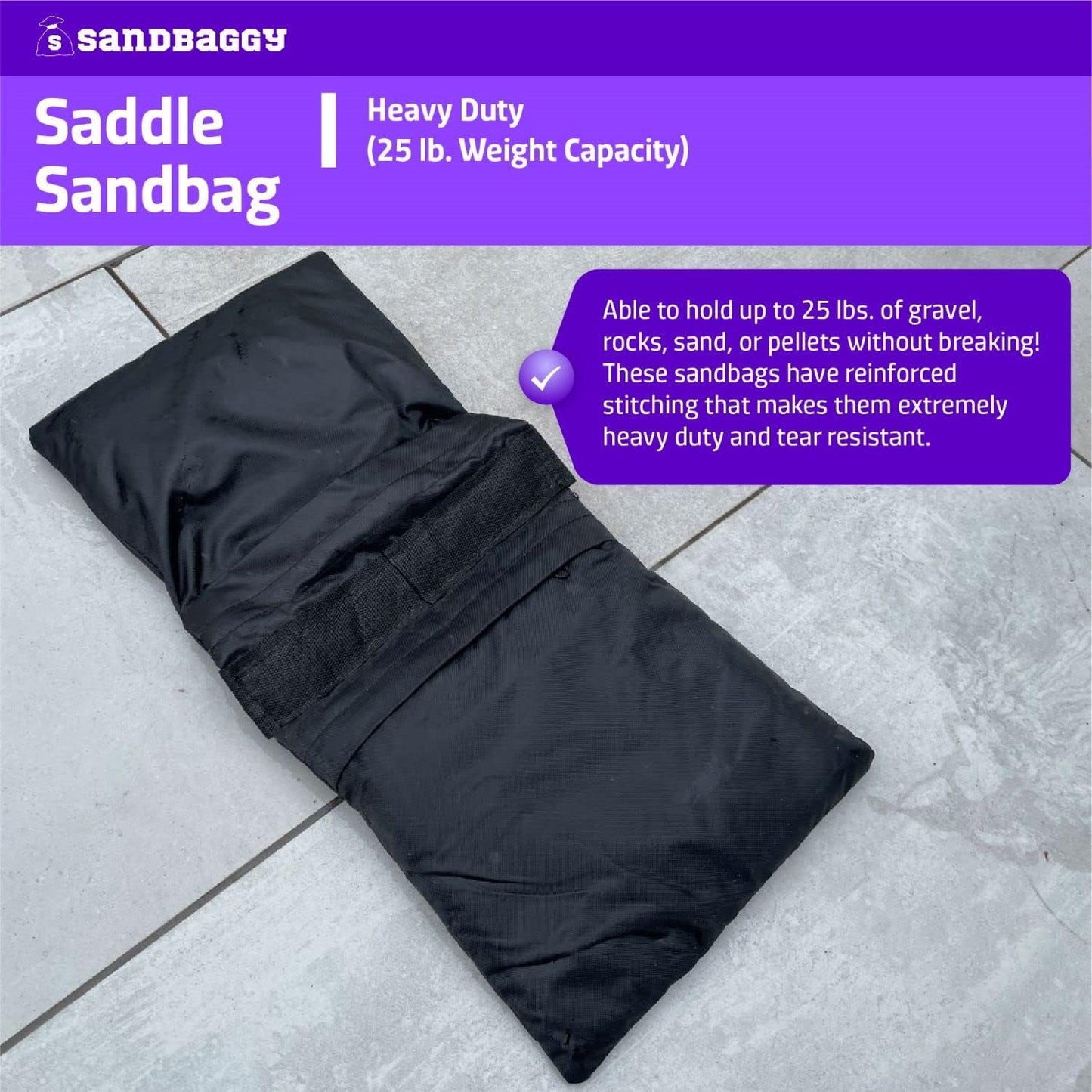 Sandbaggy Saddle Sandbags (Black) - Comes Pre Filled with 15 lbs. of Sand (25 lb. Weight Capacity) - Weights for Photography, Tents, Outdoor Equipment