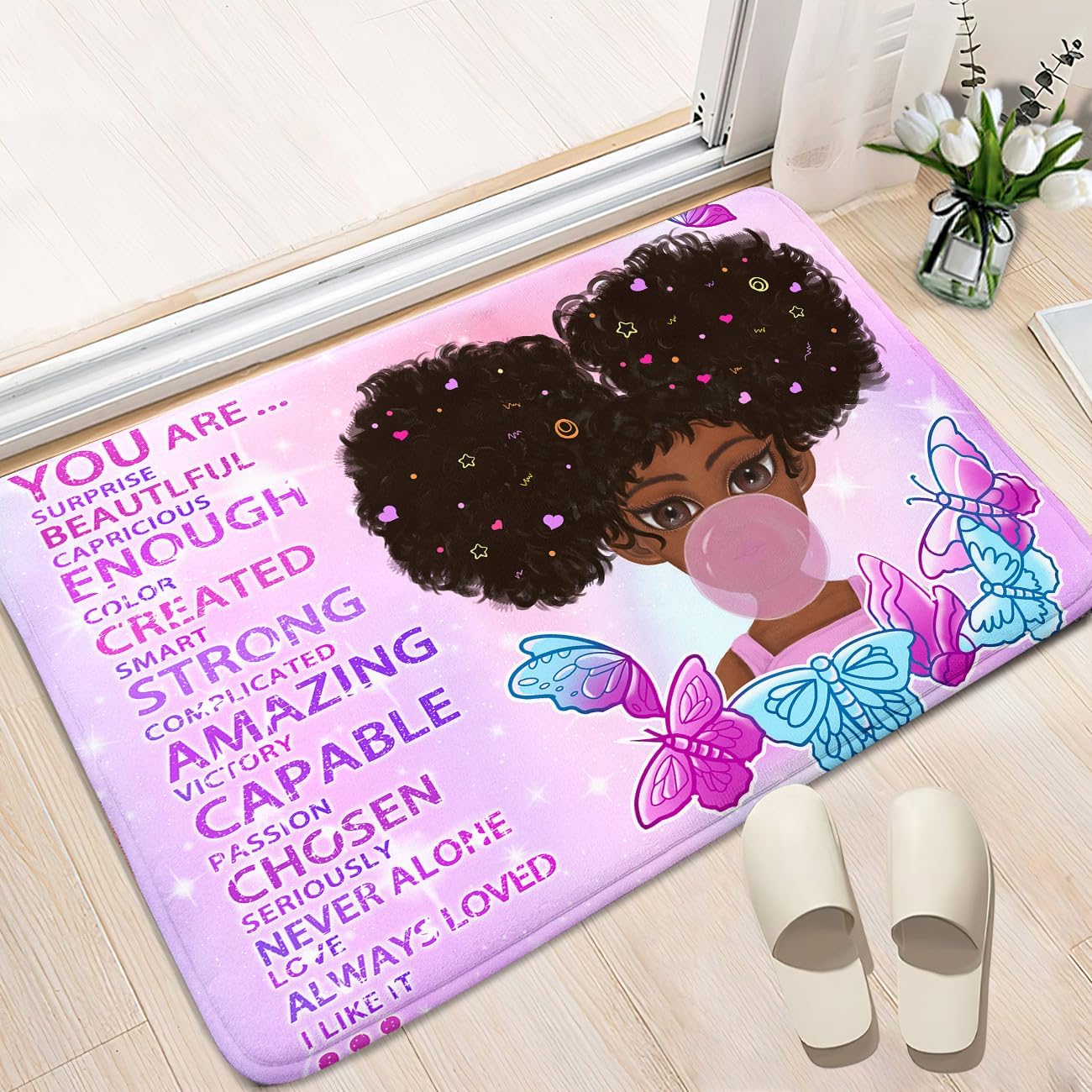 Black Girl Area Rug for Bedroom African Black Girls Floor Rugs for Living Room Playroom Cartoon Art Home Decor Soft Yoga Mats for Women Afro Purple 47" x 31" (2.7 x 3 Feet)