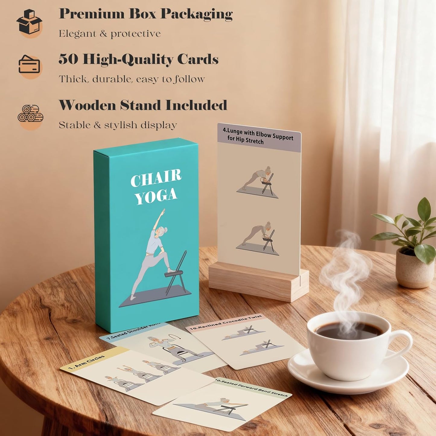 Chair Yoga Cards with Solid Wood Stand for Seniors & Older Adults | 50 Large Print Exercises with 5 Guided Routines | The Perfect Chair Yoga Gift for Balance, Strength & Flexibility
