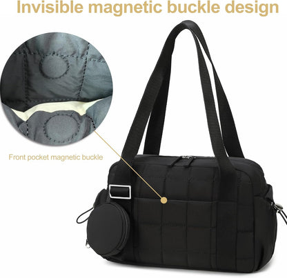 CAMTOP Mini Gym Bag for Women, Small Gym Tote Bag Puffy Quilted Sports Duffel Bag with Wet Compartment and Coin Purse Duffel Bags Dance Yoga Workout Bag for Gifts (All Black, Mini-12.6")