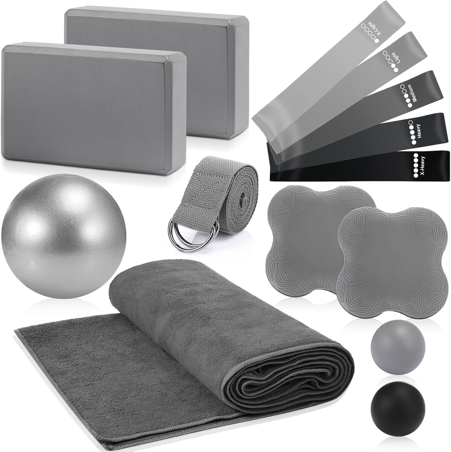 Simgoing 14 Pcs Yoga Kits for Home Workouts Pilates Equipment Set for Women Beginners, Hot Yoga Towel Blocks Strap, Knee Pad, Resistance Loop Exercise Band, Massage Lacrosse Ball, Pilates Ball