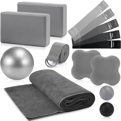 Simgoing 14 Pcs Yoga Kits for Home Workouts Pilates Equipment Set for Women Beginners, Hot Yoga Towel Blocks Strap, Knee Pad, Resistance Loop Exercise Band, Massage Lacrosse Ball, Pilates Ball